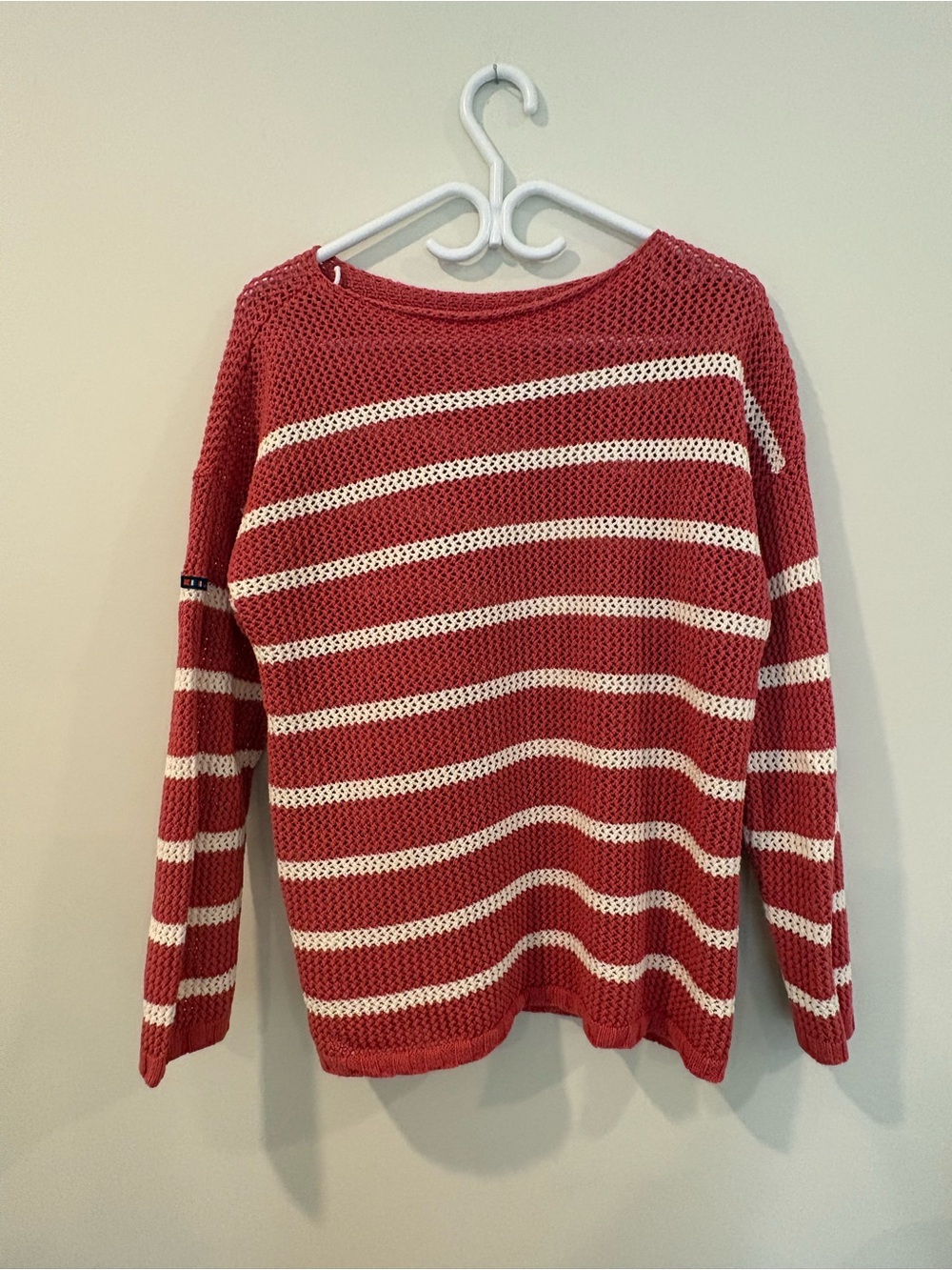 Nautica Red & White Striped Open-Knit Crewneck Sweater – Size L/XL (Tag Removed)